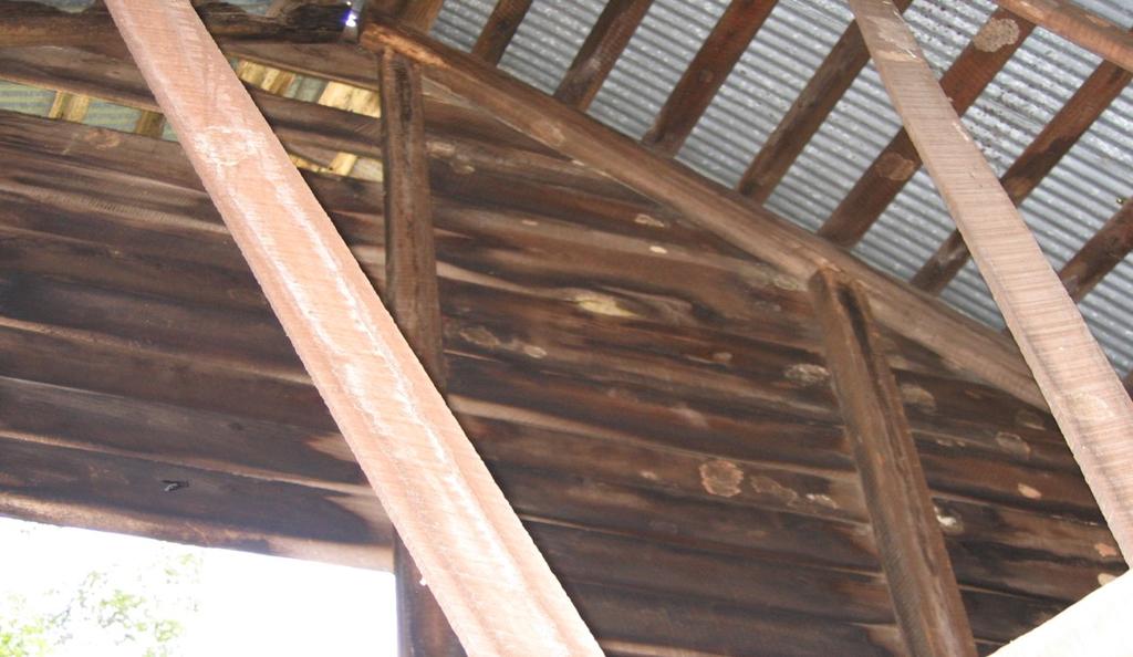 All pieces should be inspected carefully and replaced if necessary with similar material. Roofing Consists of corrugated sheet metal fastened to the lathing with leadheaded nails.