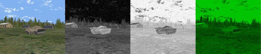 described below) Figure 3: Normal, White hot IR, Black hot IR and NVG The following settings are adjustable: - Noise amount and size - Contrast - Amplification - White hot / Black hot NVG (Night