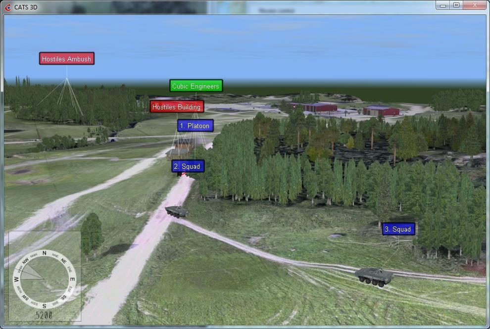 3 OVERVIEW Figure 1: CATS Metrix 3D presents exercise area with virtual terrain. Players, objects, actions and events are shown in virtual terrain with high resolution models and effects.