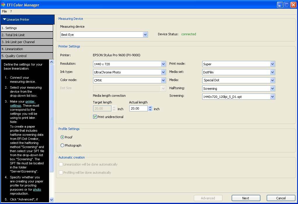 3 3 Start LinTool/Color Manager and select the tool Create Base Linearization. Base linearization settings 4 In the Settings window, select your measuring device. 5 Make your printer settings.