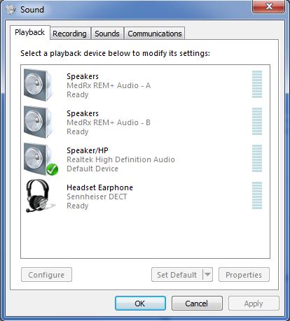 8. In Windows Sound control panel, make sure the MedRx Audio Device is not set as default.