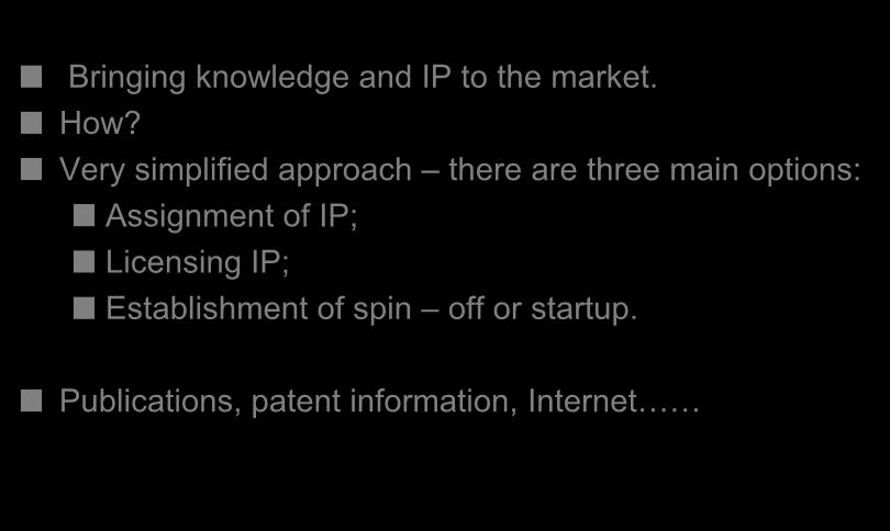 Intellectual Property (IP) Commercialization Options in R&D Context Bringing knowledge and IP to the market. How?