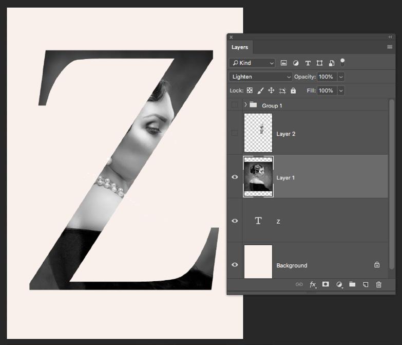 5) Press Option-Command-G (PC: Alt-Ctrl-G) to clip the photo inside the letter Z (as seen here). 6) Now make the face layer visible and the face extends out from the letter.