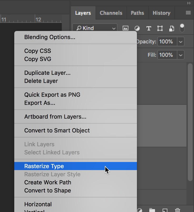 1) Type a large letter. 2) Right-click on the Type layer in the Layers panel and choose Rasterize. 3) Get the Polygonal Lasso tool; drag out a rectangular selection that extends over a layer.