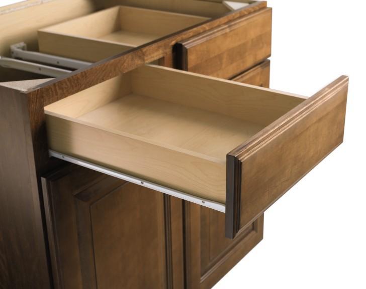 A. ½ thick furniture board sides, front and back B. Self-closing, side mount, epoxy-coated drawer guides for smooth, quiet action. Rated at 100 lbs.