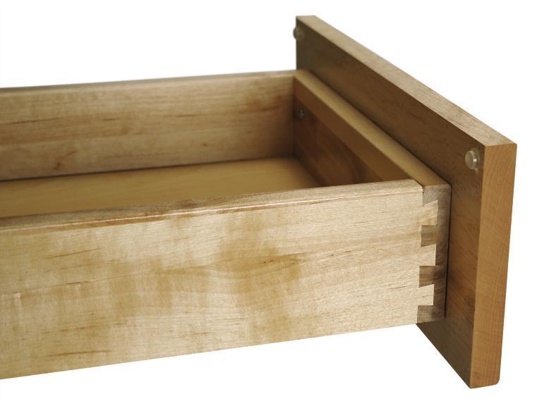 A. ¾ thick all-wood dovetailed drawer sides, front and back with clear topcoat. B.