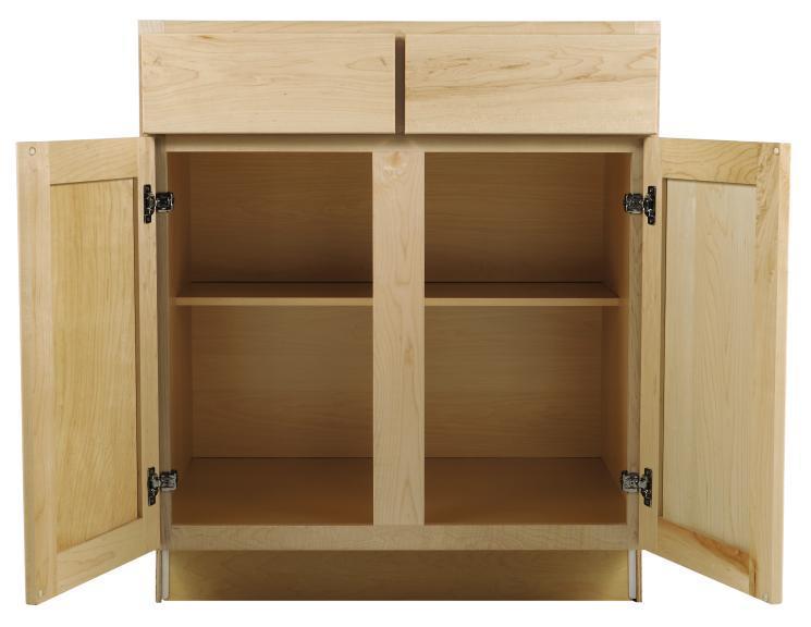 A. 3/8" thick plywood sides with finished veneer exterior B. ½" thick plywood, half-depth base shelf C.