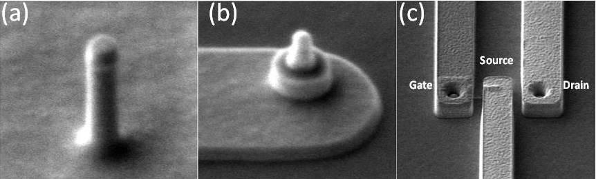 Fig. 3: Scanning electron micrographs of the fabricated device with a nanowire diameter of 70 nm.