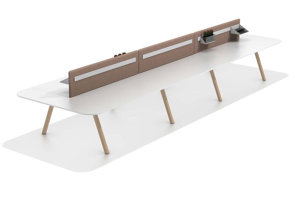 Inspiration #05 3 x T-Workbench Delta wood - lateral including communication segments - with natural oak leg frames in a fixed height of 740 mm, with a 9mm table top (600 x 60 mm) in