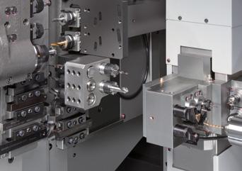 Simultaneous machining is possible by the cross drills on the independent-controlled gang tool