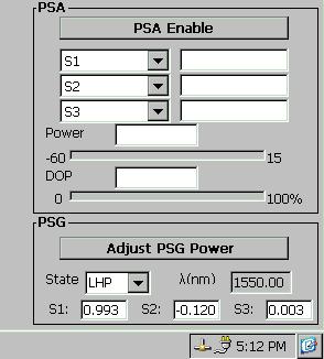 PA and PG status boxes Figure 7 PA and PG status boxes When the PA is enabled, the PA status box shows the current values of the selected polarization parameters in the pull-down menus (1, 2, 3, etc.
