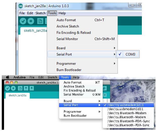 Figure 2: Port selection in Windows and OS X. 3.4.1 Windows Select Toolbar Tools Serial Port COM5 where COM5 is the serial port that has been assigned to your Arduino by windows.