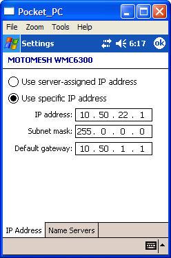 MOTOMESH 12 WMC Users Guide for the PocketPC 11 Select the Name Servers tab at the bottom of the Settings screen