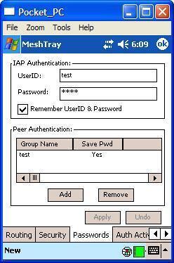 MOTOMESH 12 WMC Users Guide for the PocketPC MeshTray Passwords Tab IAP Authentication Section To gain access to the IAP, the user must enter a UserId and Password recognized by that IAP Note: This