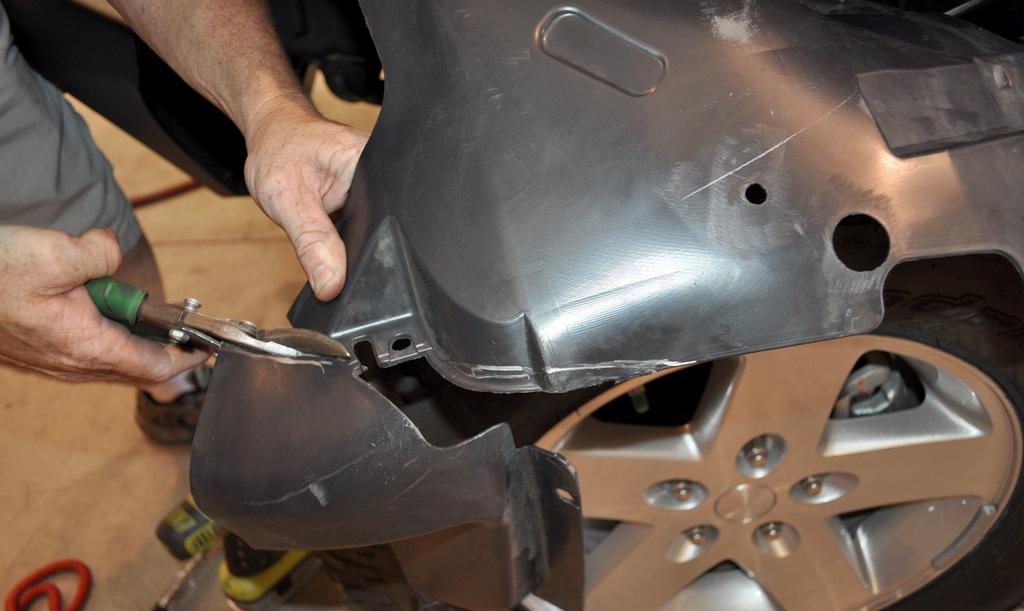To re-install the OEM inner fender liner, it must first be trimmed to fit. Be aware that proper trimming of the OEM inner fender liner requires care, attention and patience.