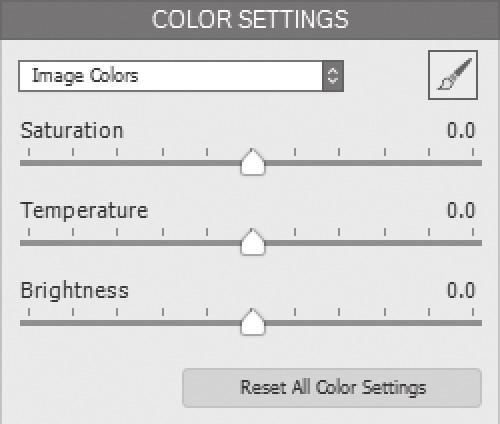3.4 Color Adjustments The Color Settings section is identical for all HDR rendering methods. It consists of a Saturation and Brightness setting, as well as a Hue / Temperature setting.
