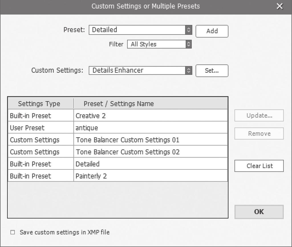 6.1.2 Custom Settings or Multiple Presets window The Custom Settings or Multiple Presets window is accessed by clicking the Set button at the top of the batch processing window.