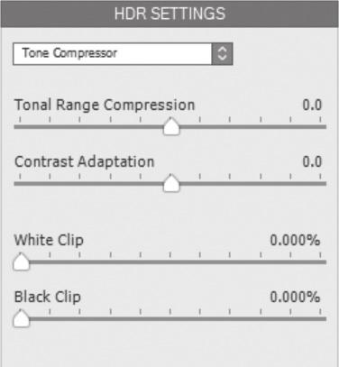 8.4 HDR Settings Tone Compressor Brightness: Adjusts the overall brightness of the image. Tonal Range Compression: Controls the compression of the tonal range.