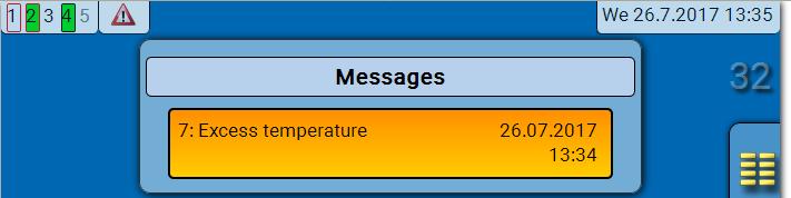 Message Example: Active message "DHW circulation"; message type "Fault"; output 1 dominant OFF; output 2 dominant ON.