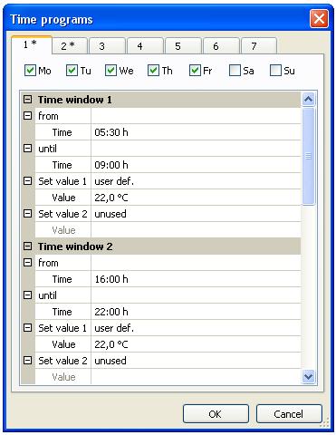 Time switch Examples of time programs Time program 1 with fixed start and stop times and set values 6 Time programs 1 2 5 3 4 Settings: 1. Time program 1 has been set for the days Monday to Friday. 2. The start time of the first time window is 05:30 h 3.