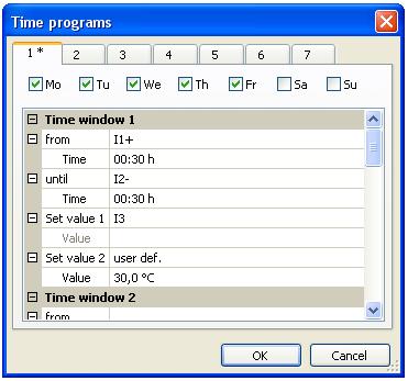 Time switch Time program 1 with variable start and stop times depending on sunrise and sunset, with set values Assumptions: Input variable I1 = system value for sunrise Input variable I2 = system