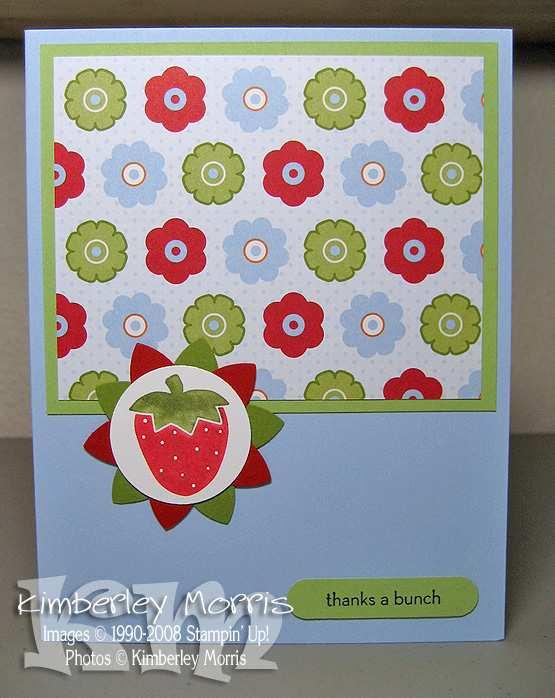 STRAWBERRY CARD (make two) Tart & Tangy set (strawberry) One Smart Cookie set ("thanks a bunch") Bashful Blue card stock Certainly Celery card stock Whisper White card stock Summer Picnic Designer