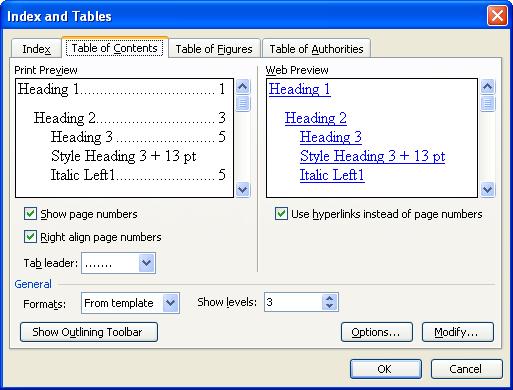 Figura 6.7. Fereastra Index and Tables de configurare a aspectului Cuprinsului.