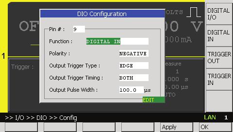 08 Keysight Using an External Trigger to Generate Pulses with the B2960A Demo Guide 9) Press repeatedly until appears in the Assist keys and then select to specify the Digital I/O pin number, the