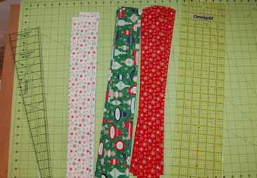 Next we're going to make strip sets. Following the chart below, we'll make 9 unique strip sets. R=Red, G=Green, W=White. Use a 1/4" seam allowance throughout this project.