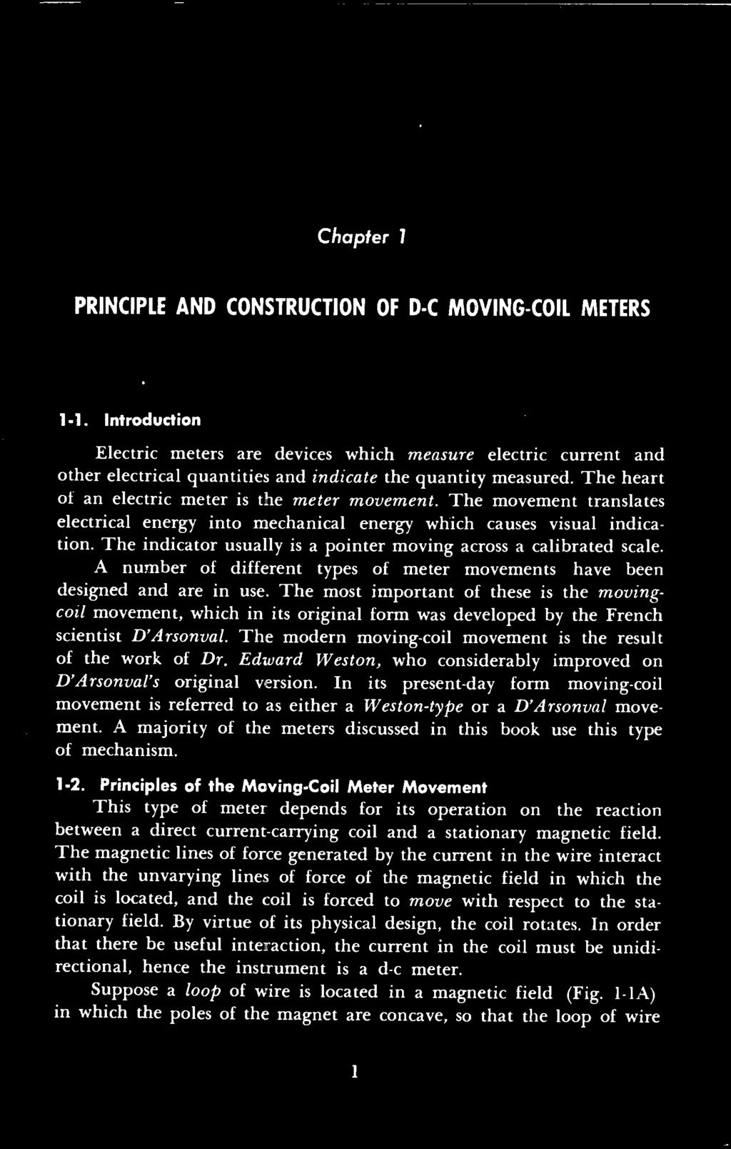 Chapter 1 PRINCIPLE AND CONSTRUCTION OF D -C MOVING -COIL METERS 1-1.