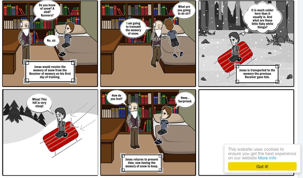 INCLUDE lines that a character says or explanations/descriptions of the scene THIS IS AN EXAMPLE OF A COMIC STRIP FOR THE GIVER by LOIS LOWRY DONE ON A