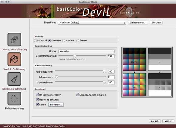 With the new and optional module basiccolor DeviL SaveInk you can create a DeviceLink with optimized separation settings from an ICC printer-profile.