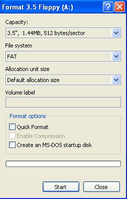 apoi din meniul File al ferestrei My Computer se alege opţiunea Format; Atunci când apăsaţi butonul Start va apare o casetă de dialog care va întreba utilizatorul dacă