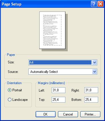 Setarea tipului de hârtie folosit, al marginilor paginii documentului faţă de marginile din meniul FILE.