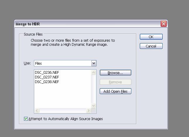 16.1 Using Photoshop s in-built HDR software. Go File / Automate / Merge to HDR and the following dialogue box will appear.