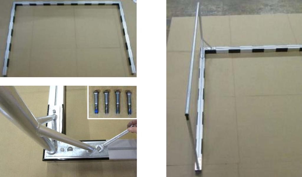 joining. Stick 4 steel plates on steel corner joint (see 1st picture bottom left). Then stick crossbar and upright on steel corner joint (see other bottom pictures).
