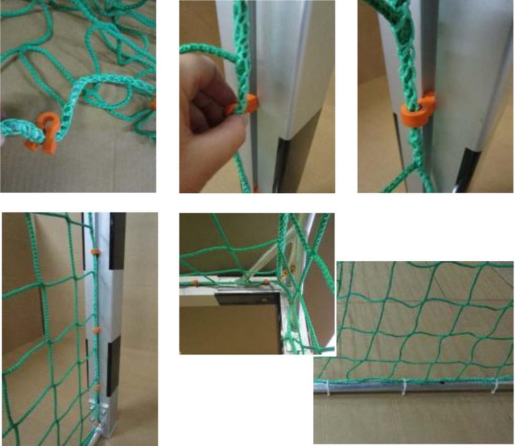 3. Assembly of the net a) The net is not part of the delivery. Fix net holders at the net rope. Bend open net holders a little and press rope into the holders.
