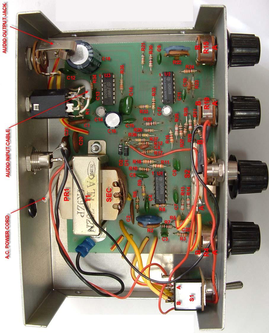 Inside View of Autek QF-1A (Component Placement) Illustration shown includes after market modifications: DC power input jack connected to