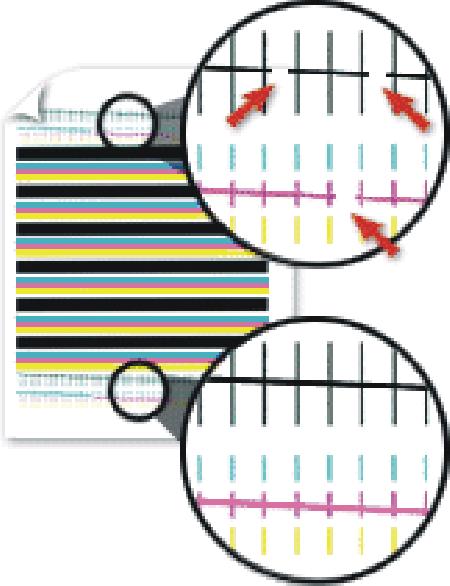 The printer feeds a sheet of paper and prints a nozzle test pattern similar to the one shown. 76 Compare the diagonal lines above the printed bars to the diagonal lines below the printed bars.