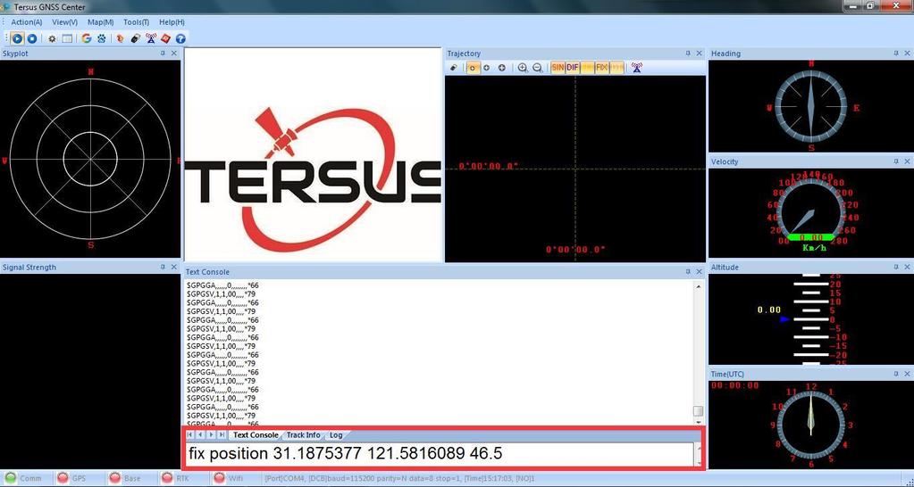 3.3 Enter commands in the text console window Figure 5 Text console window of Tersus GNSS Center Commands for the base station board: fix position 31.1874808 121.58111234 41.