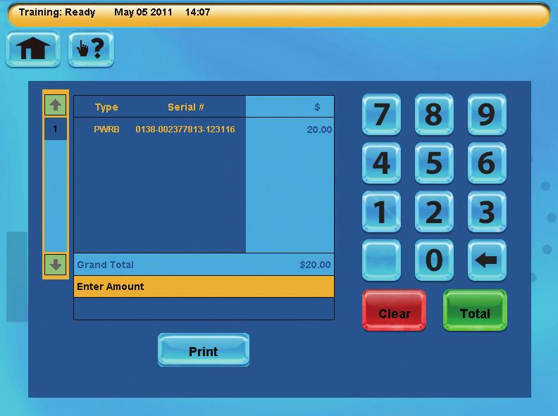 The screen includes arrows to scroll through the transactions, a Grand Total line and an Enter Amount line which acts like a calculator for recording monies received.