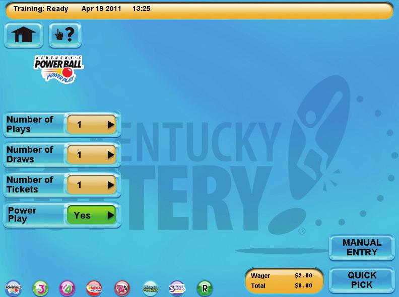 4 Touch Quick Pick to allow the system to randomly choose the numbers; OR touch Manual Entry to