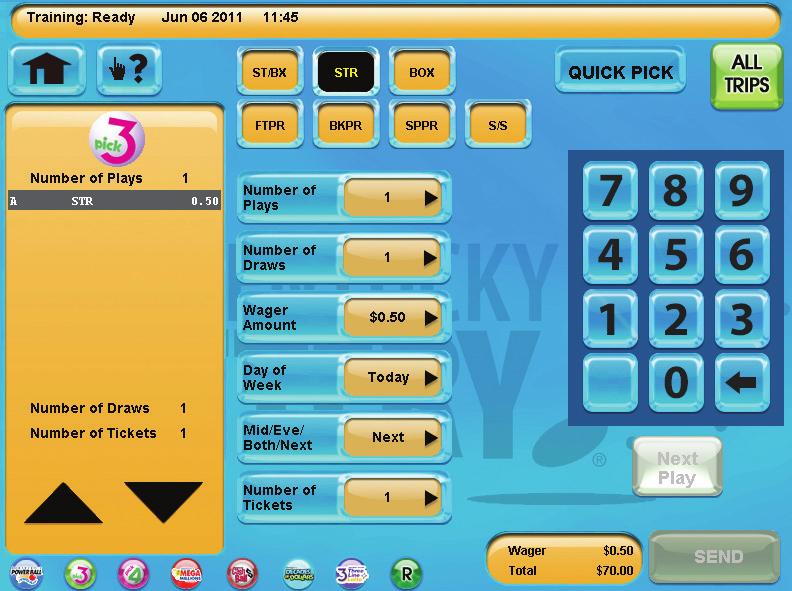 Selling Draw Games 5 Touch Quick Pick to allow the system to randomly choose the numbers; OR enter the player s three numbers (000-999) using the numeric touchpad.