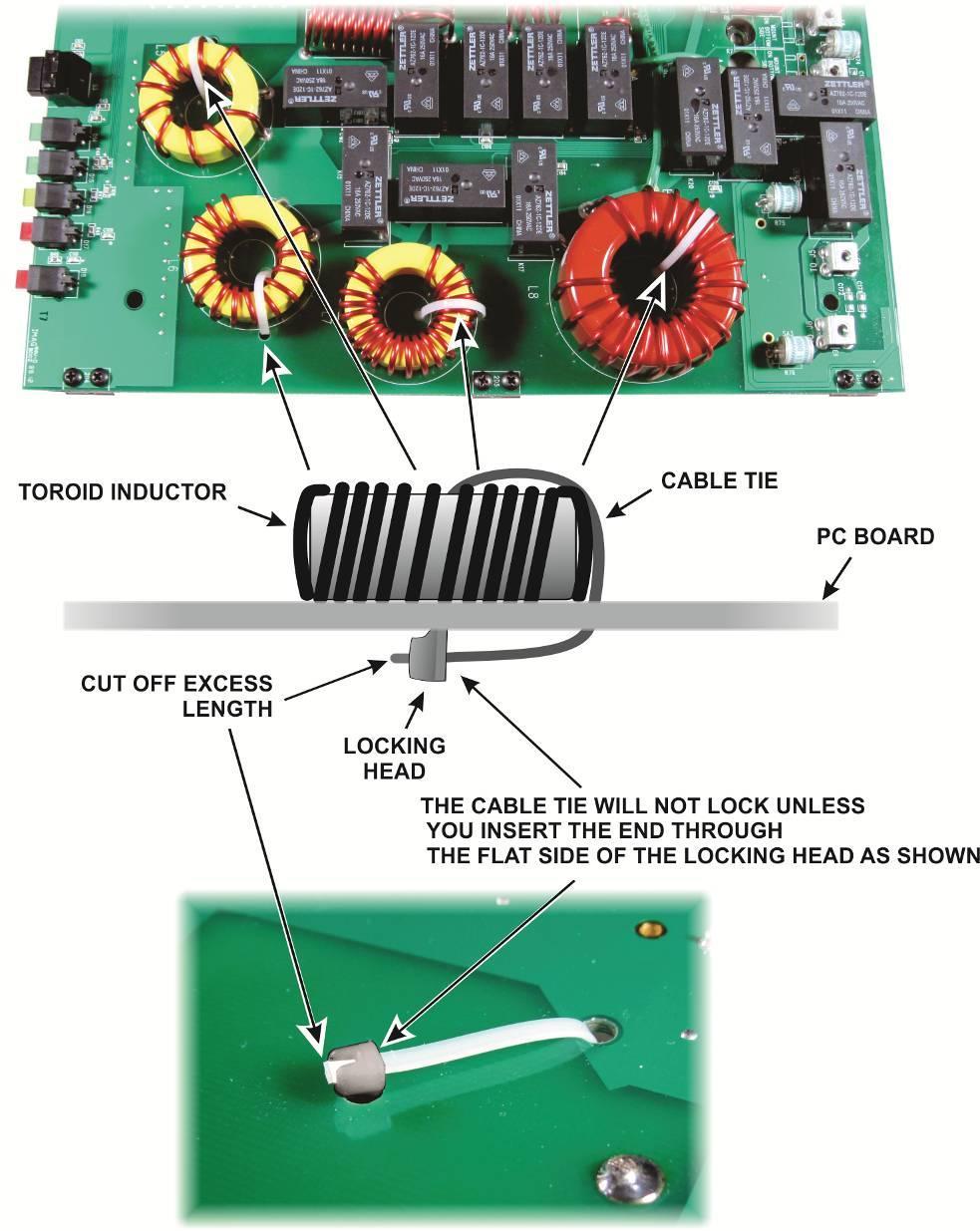 Install a cable tie to secure each of the four large toroidal inductors to the pc board as shown below. Note how the locking heads are positioned below the pc board.