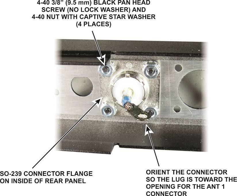 Install the XMTR SO-239 connector in the rear panel opening marked XMTR as shown in Figure 20. Take care not to bend the wire or move the solder lug.