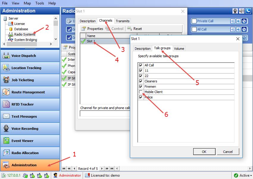 In the Radio Systems pane, double-click the IP Site Connect Repeater/Slot. In the dialog box, select the Channels tab (3) and double-click the slot (4).
