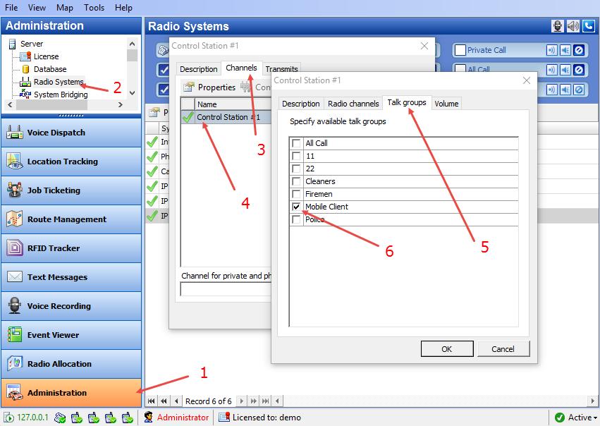 Configuring TRBOnet Enterprise In the dialog box, select the Channels tab (3) and double-click the Control Station (4).