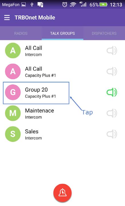 Calls All talk groups on the TALK GROUPS page are mute by default. You can select up to three talk groups whose voice traffic you will be listening to on your mobile device.