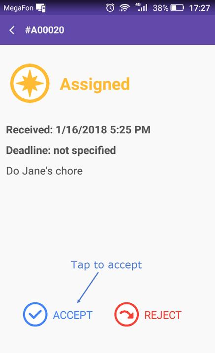To process a job, change the job status on your mobile device as follows: When you start work on an accepted job, open the job page and tap PROGRESS.