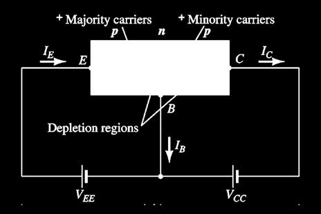 Both biasing potentials have been applied to a pnp transistor and resulting majority and minority carrier flows indicated.